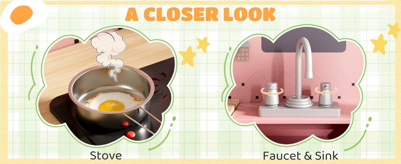 Wooden Kids Play Kitchen Set with Real Lights & Sounds, Interactive Pretend Kitchen with Knob Sounds, Sink, Water Dispenser, 6 Pcs Cookware & Chalkboard Panel for Toddlers and Children