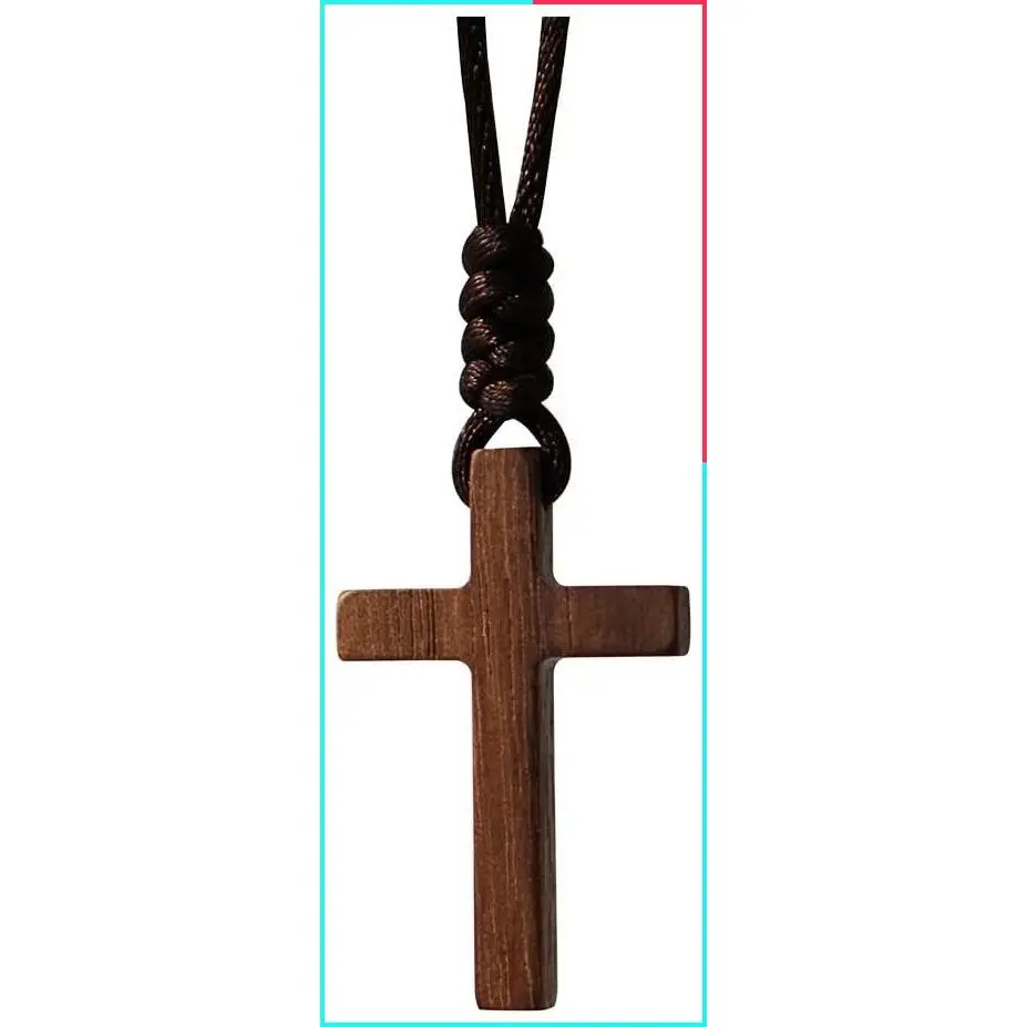 Natural Solid Walnut Wood Cross Pendant Necklace for Men Women, Christian Baptism Christmas Easter Prayer Faith Confirmation Birthday Gift, Car Rearview Mirror Hanging Wall Ornament