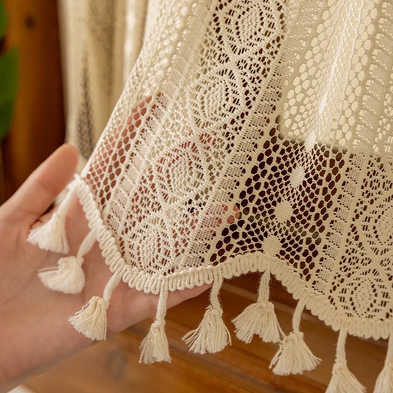 1pc Cotton Linen Curtain Half Light Blocking Vertical Striped Lace Fringe Rod Pocket, New Living Room Bedroom Cream French Vintage Style