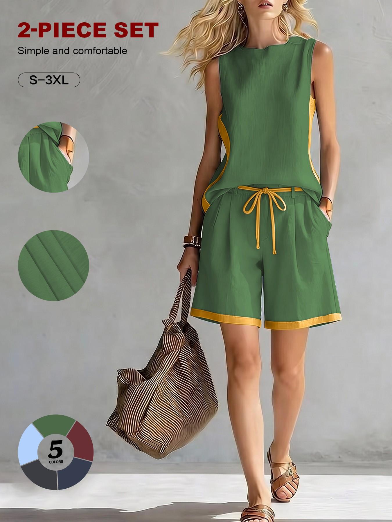 2026 New European and American Chic Style Sleeveless Colorblock Loose Top Wide Leg Pants Set for Women, Summer Casual Fashion Two-Piece Womenswear Clothes