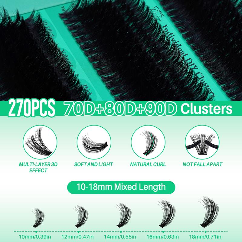 270Pcs D Curl 70D80D90D 3 Styles 10-18mm Mixed Length Volume & 3D Effect Individual Lash Clusters Kit Soft and Comfortable False Eyelashes Set Comes with Lash Bond&Seal Lash Remover And Tweezers, Perfect For DIY At Home, Beginner friendly