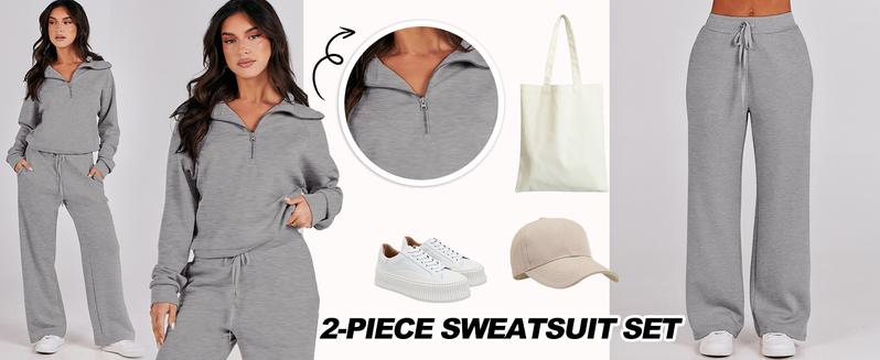 ANRABESS Women 2 Piece Outfits Sweatsuit Set 2025 Fall Oversized Half Zip Sweatshirt Wide Leg Sweatpant Lounge Set Tracksuit