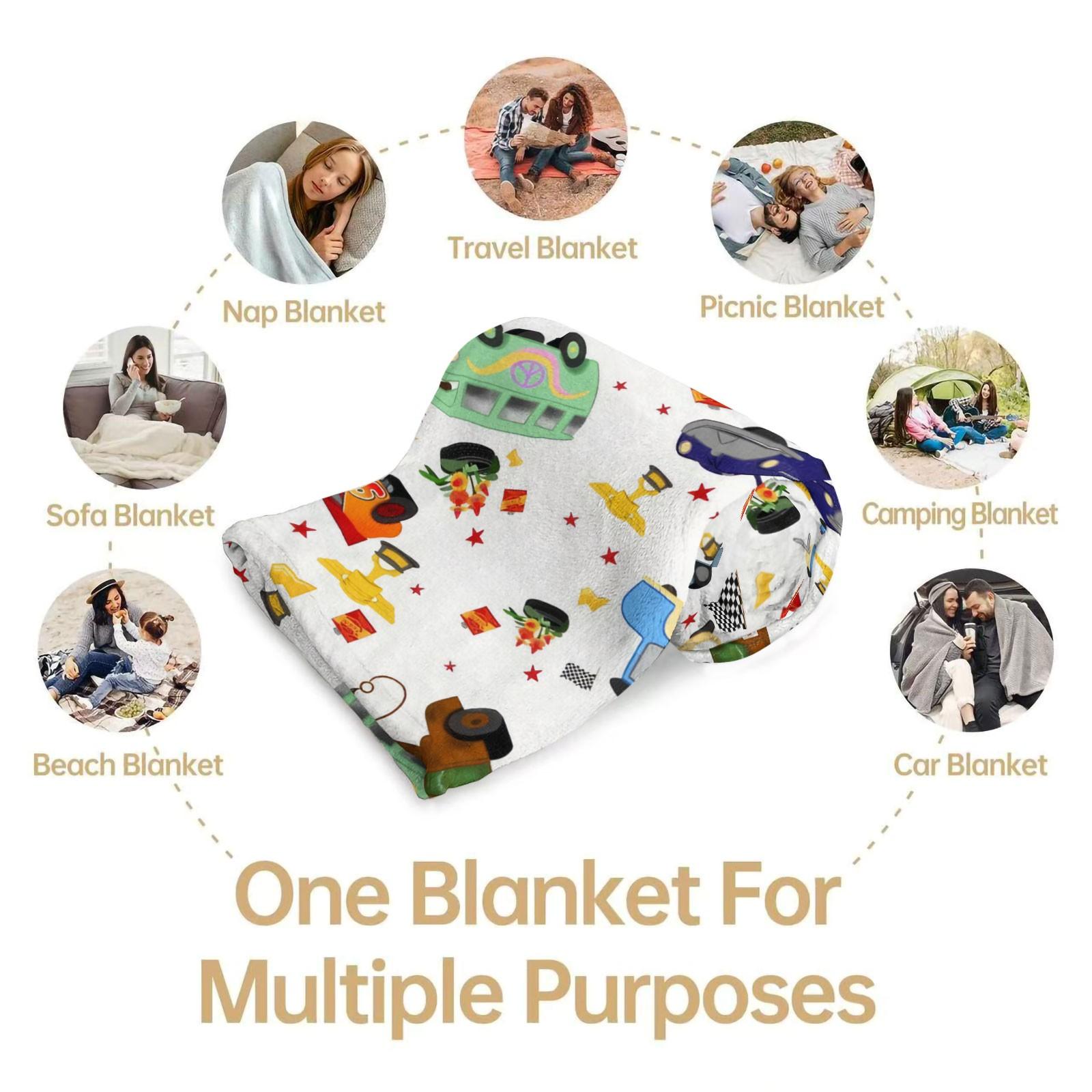 Cartoon Race Car Print Flannel Blanket, Fun Trophy & Checkered Flag Themed Throw Blanket, Cozy Soft Warm Blanket with Cute Vehicle Details, Ideal as a Playful Gift Blanket for Kids & Racing Fans