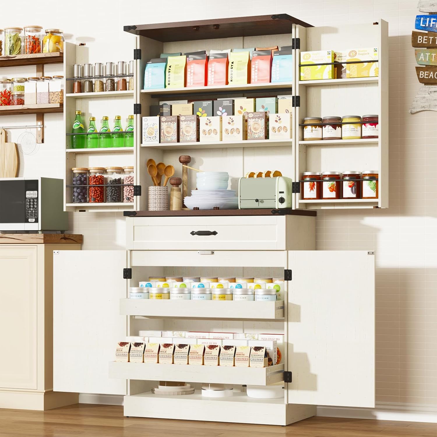 71" Tall Kitchen Pantry Cabinet with 3 Drawers, Farmhouse Storage Cabinet with 6 Barn Door Shelves,with Load-Bearing Steel Pipe and Adjustable Shelves,Pantry Organizer for Kitchen,Living Room(White/Brown) 71" Tall Kitchen Pantry Cabinet with 3 Drawers, Farmhouse Storage Cabinet with 6 Barn Door Shelves,with Load-Bearing Steel Pipe and Adjustable Shelves,Pantry Organizer for Kitchen,Living Room(White/Brown)