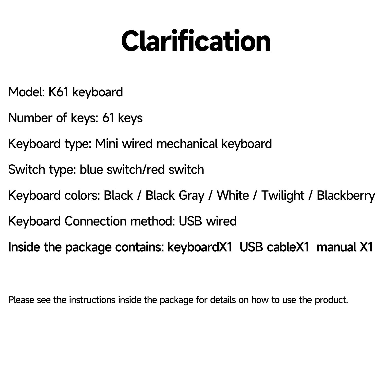 61 Key USB Wired Mechanical Gaming Keyboard Apayado K61, Compact Design, Full Keys Hot Swappable , Blue/Red Switches, E-Sports Office Use, Compact Design