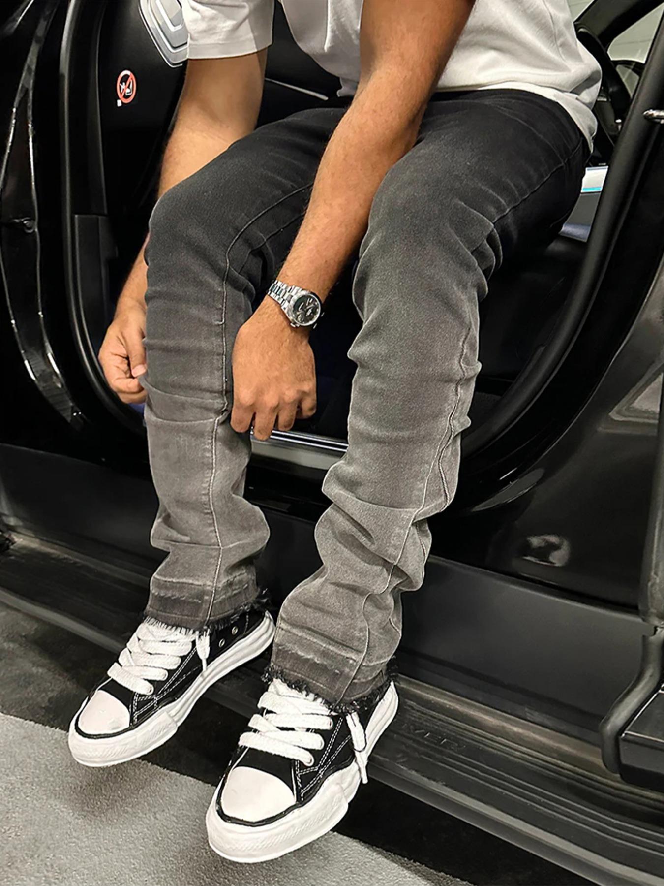 Men's Slim Fit Elastic Straight Leg Denim Jeans, Vintage Washed Distressed Gradient Streetwear Street Style, All-Season Fashion Pants