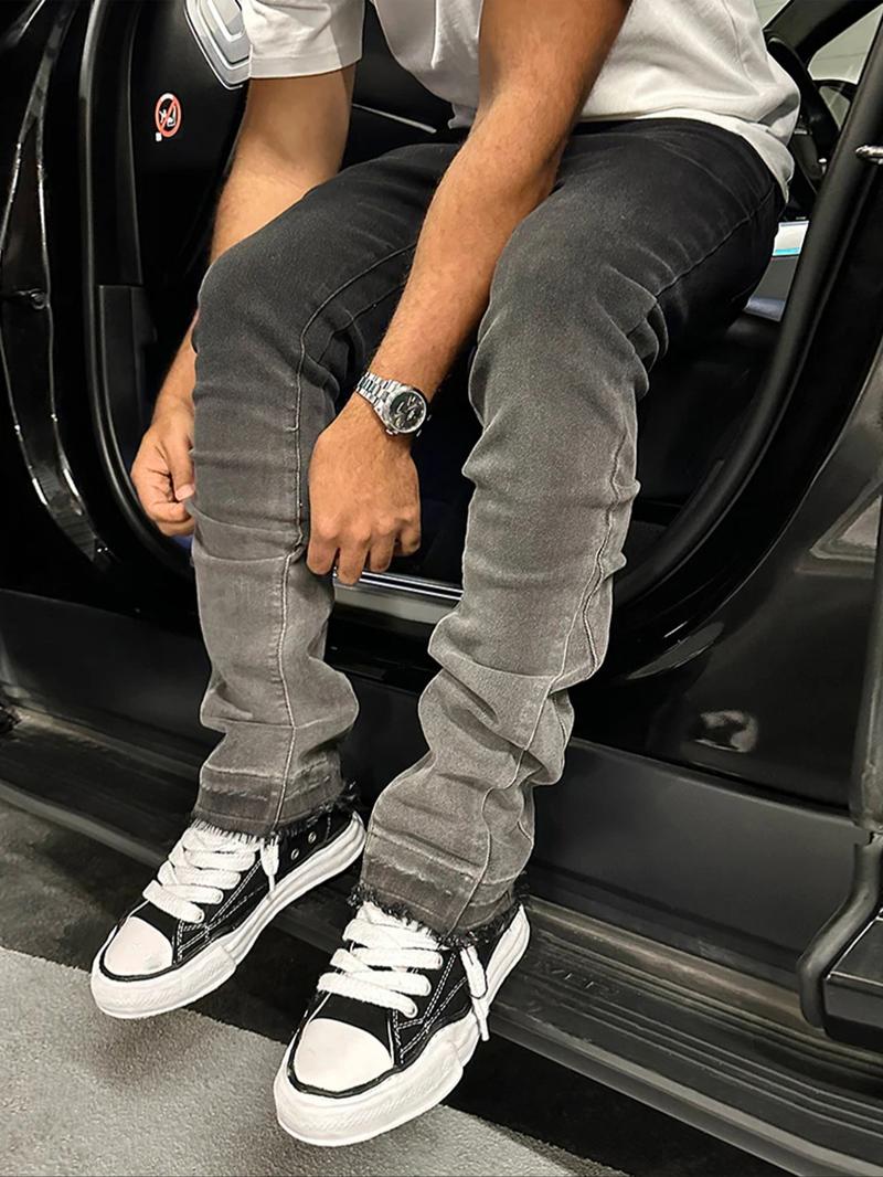 Men's Slim Fit Elastic Straight Leg Jeans, Vintage Washed Distressed Gradient Street Style, All-Season Fashion Pants