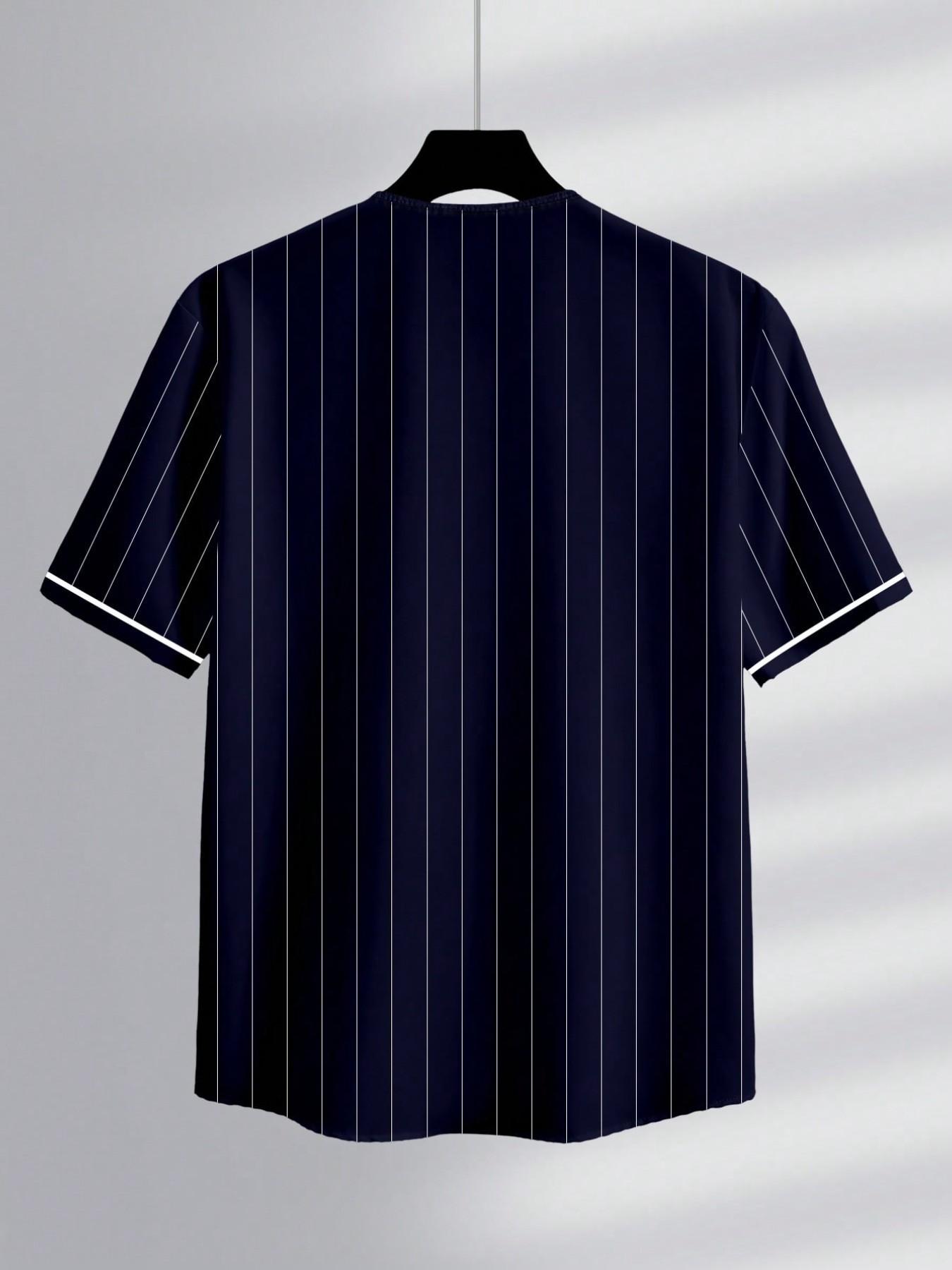 Aesthetic Style Men's New York Sporty All-Over Print Button-Up Baseball Shirt, Casual Striped Knit Fabric, Ideal for Outdoor Activities, Casual Sporty Top