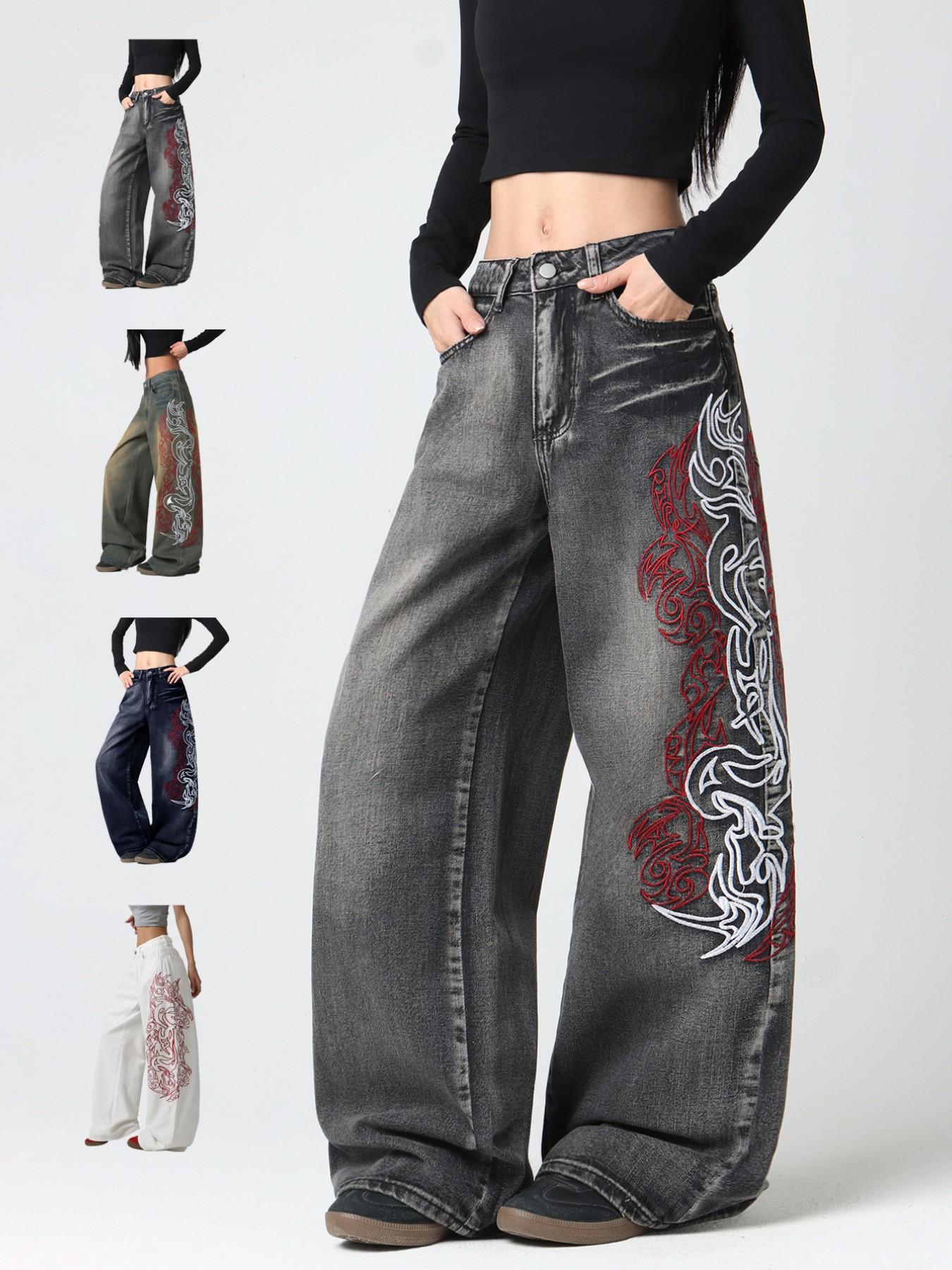 Women's Totem Embroidered Jeans, American Street Style, Comfortable Loose Fit, Trendy Wide Leg Pants, Fashionable All-Season, Casual Comfy Denim, Embroidered Denim Pants, Denim Clothing