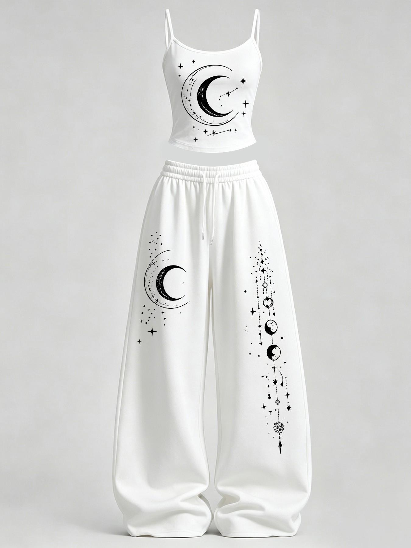 Women's Home Casual, Star Moon Print Slim Fit Tank Top + Loose Pants Set, Y2K, American Street Style, Daily Wear, Campus, Home Relax, Clothes