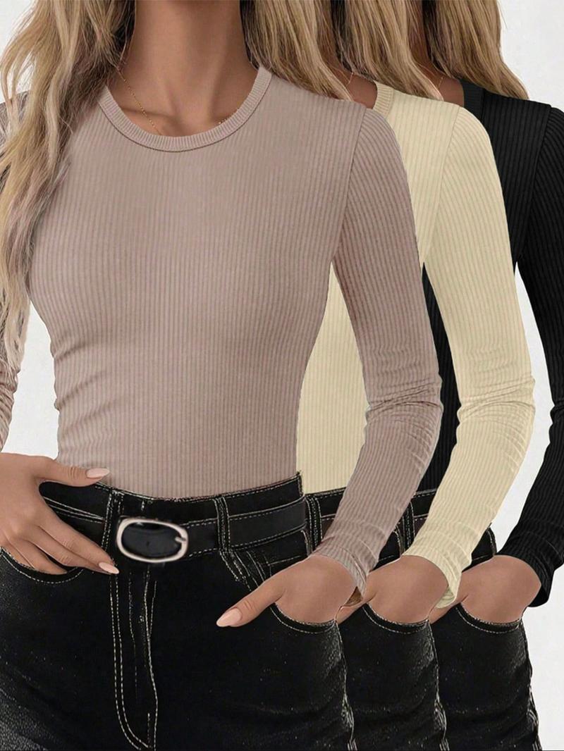 Women's Casual Slim-Fit Long Sleeve T-Shirts, 3-Pack Plain Ribbed Round Neck Tops, Medium Stretch, Perfect for Spring & Fall