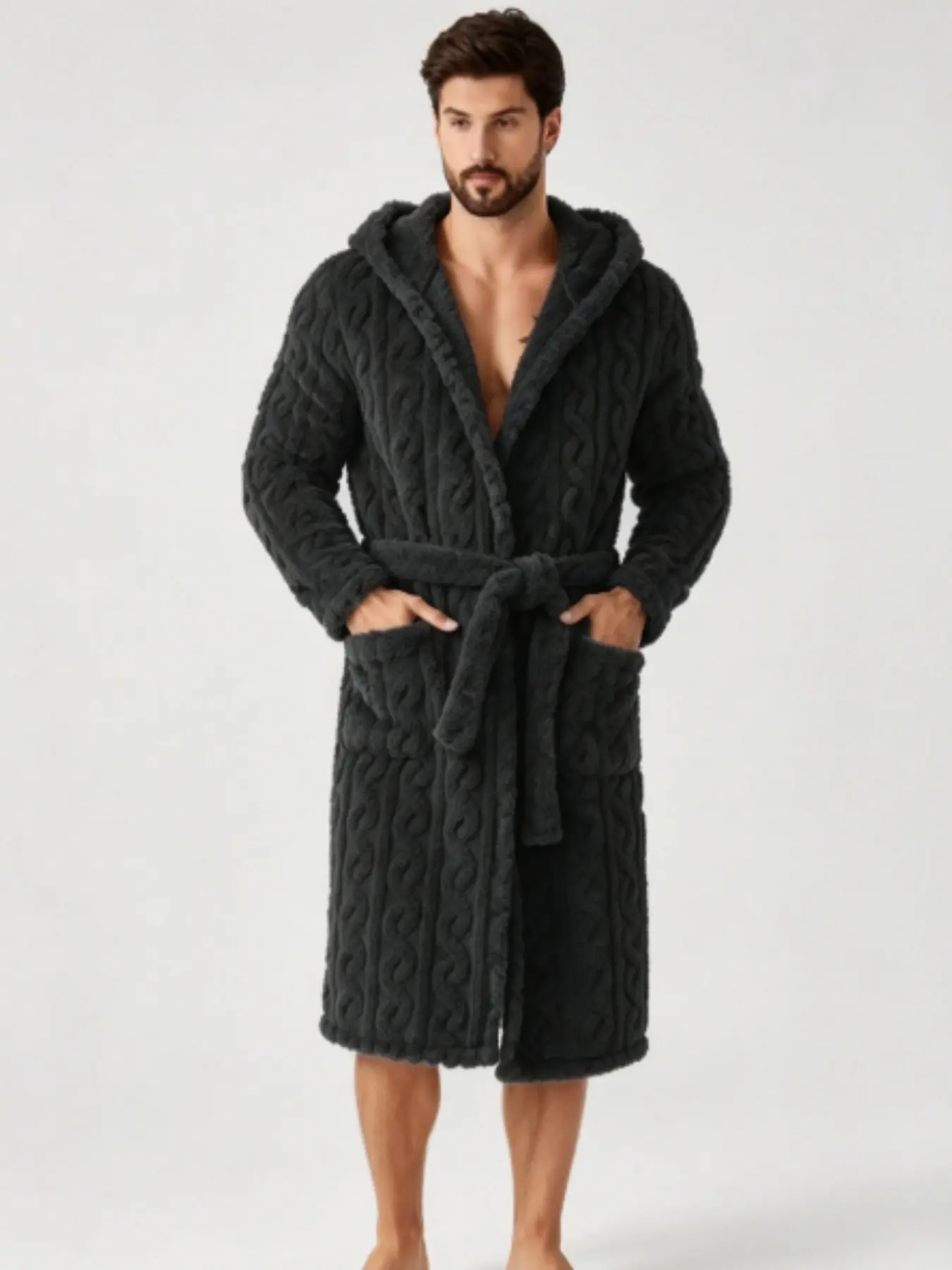 Men's Textured Pocket Braided Tie Hooded Bathrobe Sleepwear, Casual Comfortable Robe for Home Wear, Stylish and Cozy Nightwear
