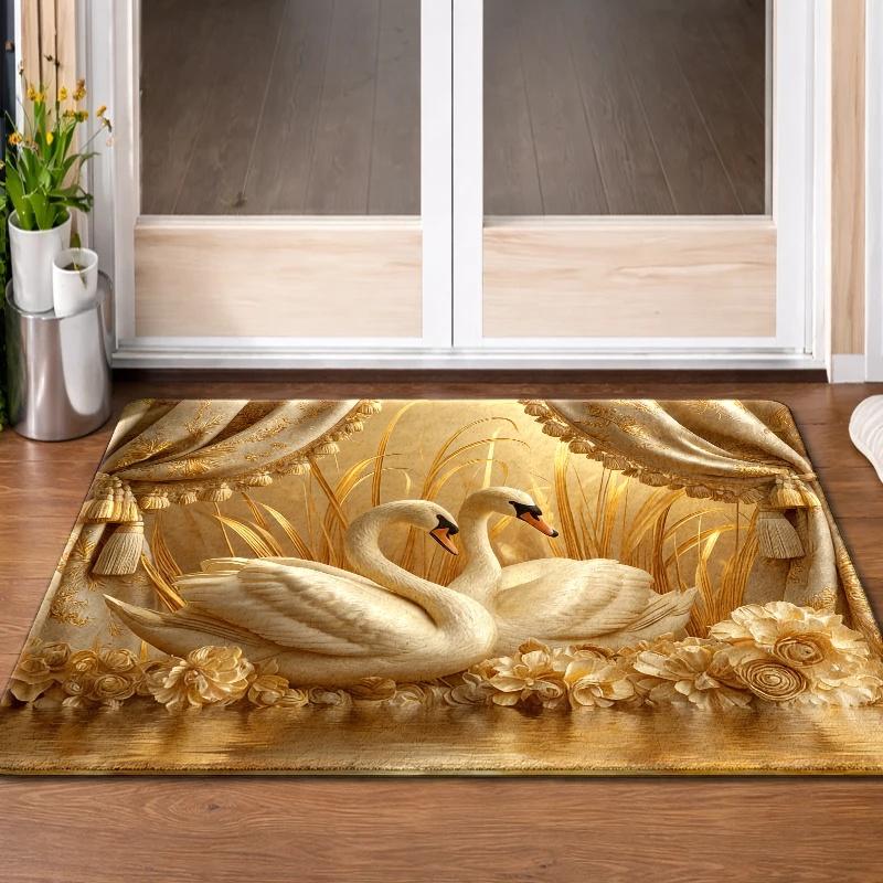 Luxury Swan Floral Rug Soft Flannel Non Slip Rubber Backing Machine Washable Indoor Outdoor Floor Mat Multipurpose Decor Perfect For Living Room Bedroom Kitchen Bathroom Entryway Door Mat Pet Mat Home Decoration Treads Stair Non-Slip