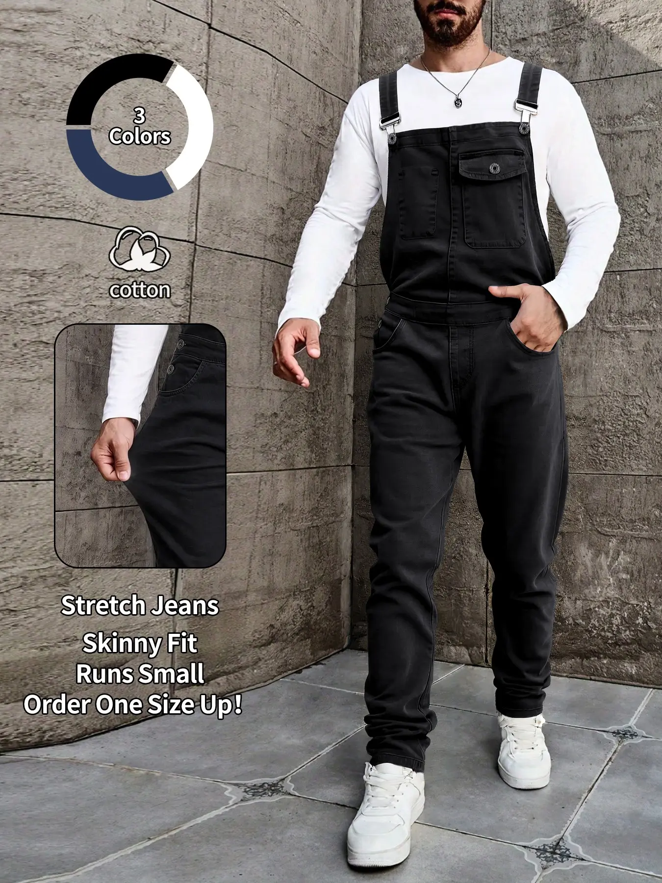 Men's, 1-piece fashionable slim-fitting Plain button jumpsuit, elastic denim fabric, adjustable shoulder straps and pockets, workwear overalls, everyday overalls, Button denim overalls, all-season casual harem jumpsuit, Menswear