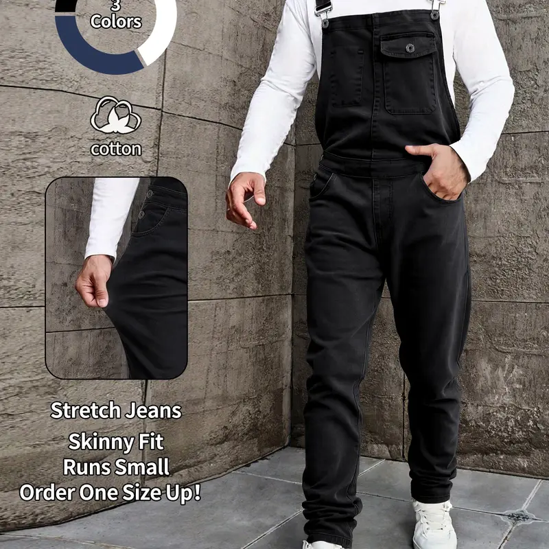 Men's, 1-piece fashionable slim-fitting Plain button jumpsuit, elastic denim fabric, adjustable shoulder straps and pockets, workwear overalls, everyday overalls, Button denim overalls, all-season casual harem jumpsuit, Menswear