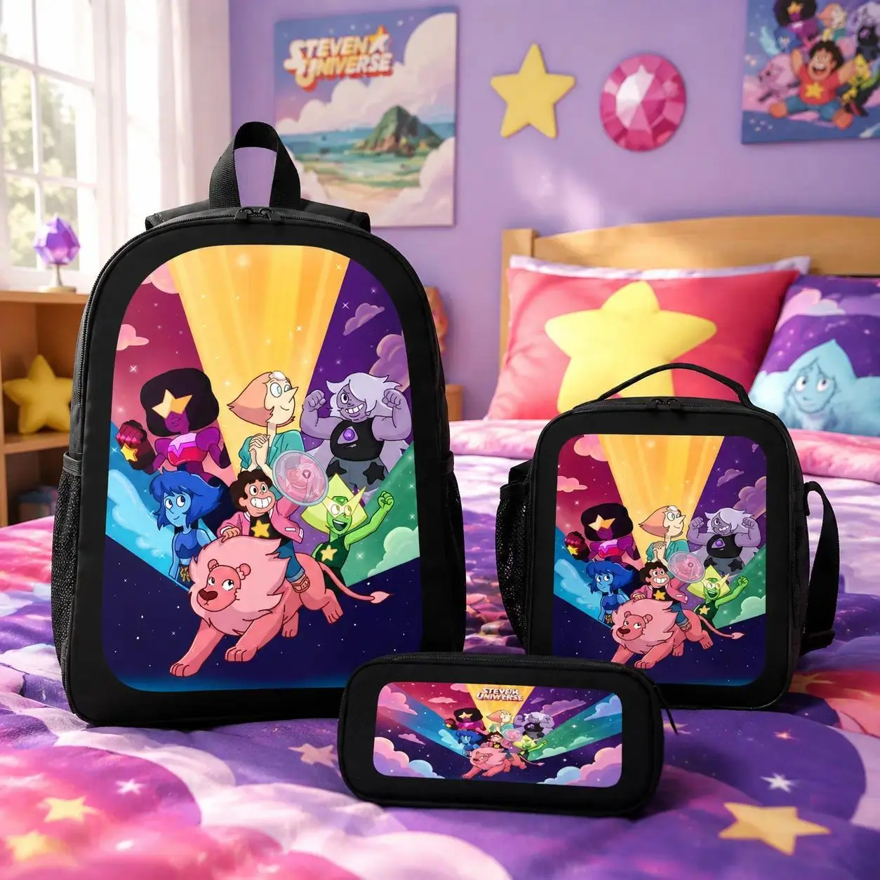 Steven Universe 3PCS Polyester Backpack Set - Cartoon Anime Merch with Lunch Bag, Pencil Case - Lightweight Cute Kawaii Aesthetic Back to School Travel Fan Gift