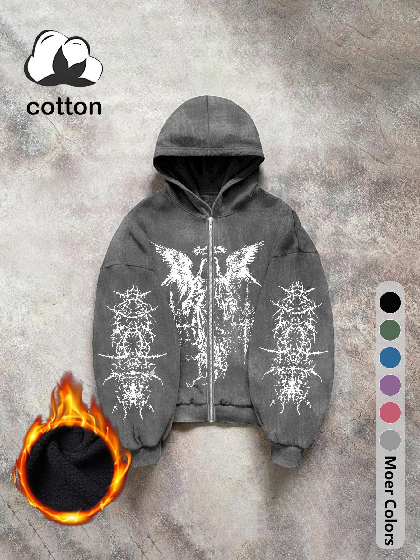 Men's long-sleeved Gothic street Graphic print hooded sweatshirt, washed hooded zipper sweatshirt, casual daily wear, men's long-sleeved fleece autumn and winter jacket