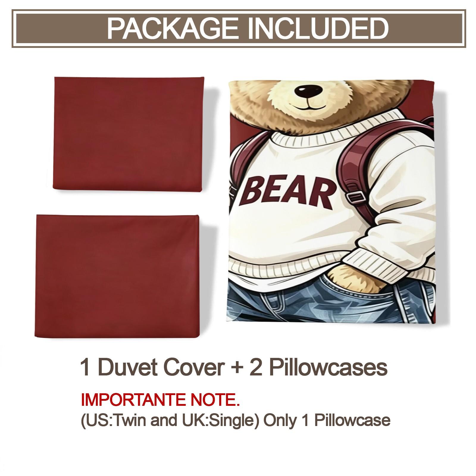 Handsome teddy bear printed pattern duvet cover set, including 1 duvet cover and 1 or 2 pillowcases, without a core or pillow, suitable for bedroom or dormitory bedding set, suitable for gift giving or personal use, Bedroom Decor