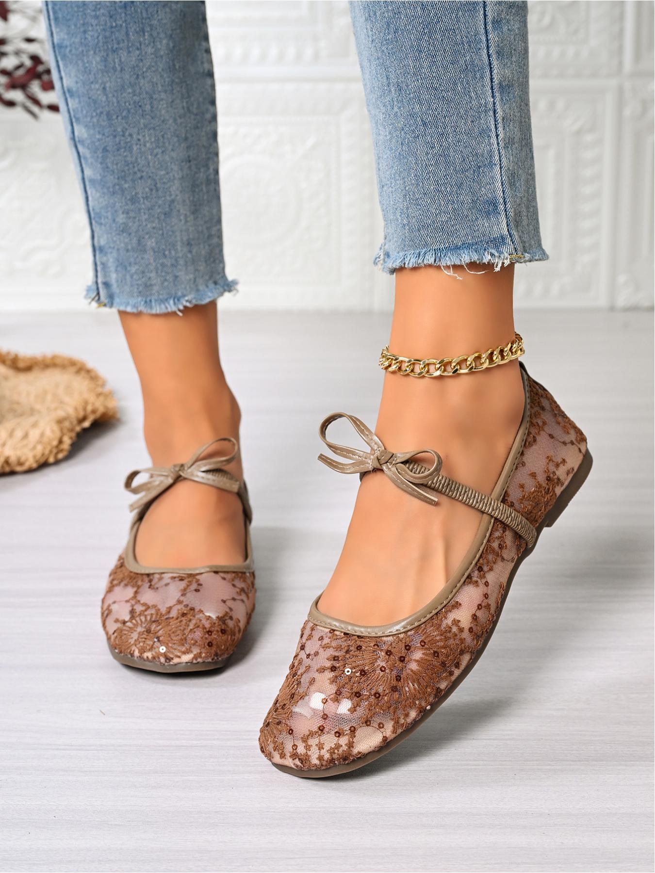 Women's Lace Mesh Mary Jane Flats, Bowknot Ballerina Shoes for Summer, Classic Ballet Flats, Casual Flat Footwear