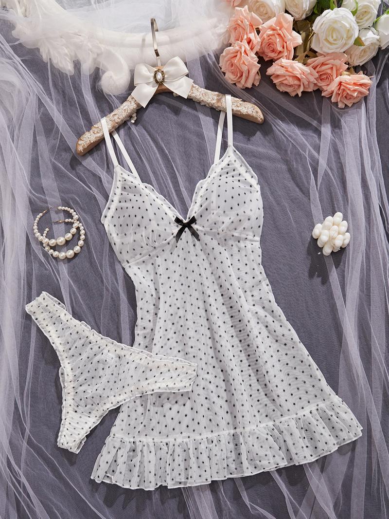 Women's Elegant Polka Dot Sleepwear Set, Lightweight Knit Fabric, Soft Touch, Half-Transparent Effect, Classic Bow, All Seasons Women's Elegant Polka Dot Sleepwear Set, Lightweight Knit Fabric, Soft Touch, Half-Transparent Effect, Classic Bow, All Seasons