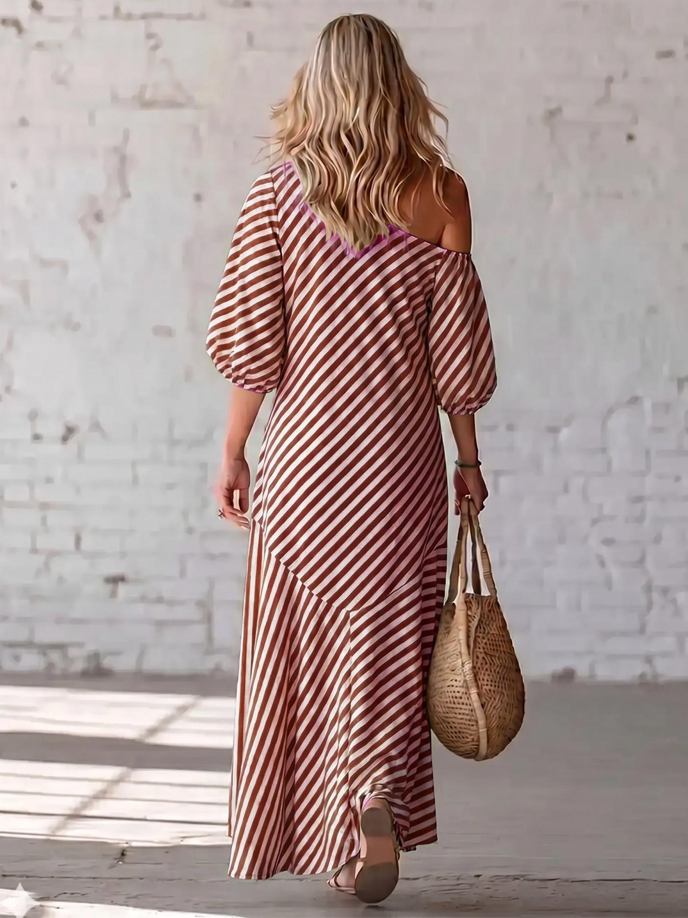 2026 Summer Asymmetric One Shoulder Striped Maxi Dress, Puff Short Sleeve, Irregular Hem, Casual Beach Sundress for Coastal Vacation  house dress Casual Wear Piece