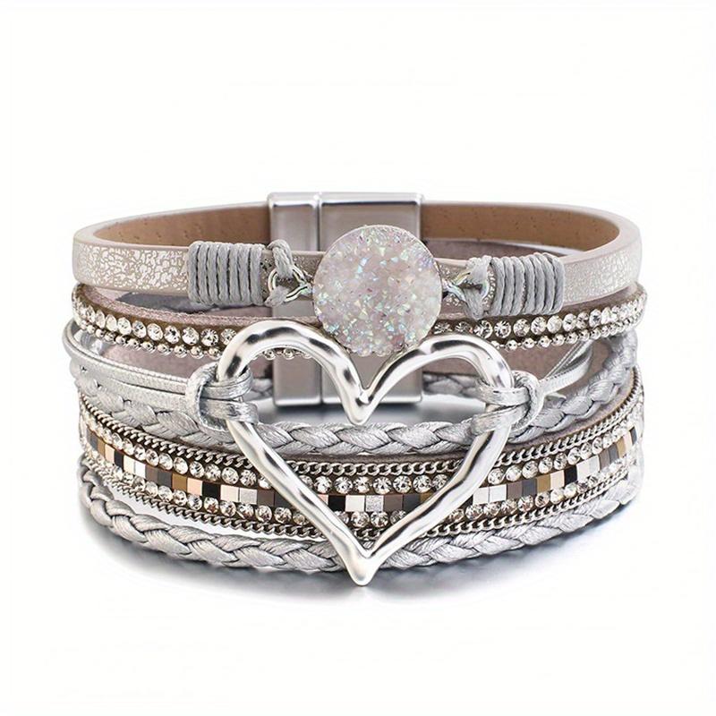 Bohemian Multi-Layer PU Leather Bracelet | Handmade Woven Gold Heart Bangle