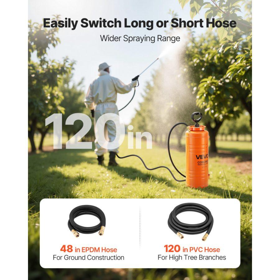 VEVOR Industrial Concrete Sprayer, 3.5 Gallon Stainless Steel Sprayer, Heavy Duty Tri-Poxy Pump Sprayers, 20.5Wand with Ergonomic Gun Handle, 48 120Hose, 2 Brass Nozzles for Construction, Garden