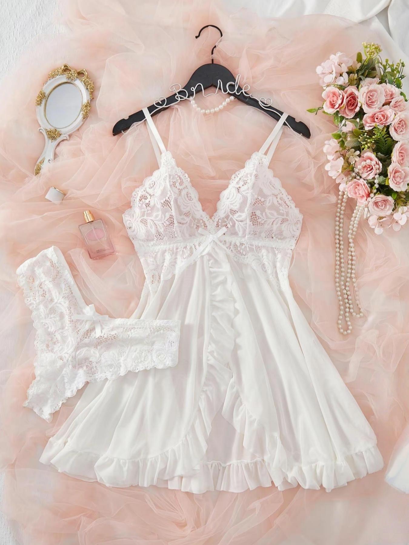 1 Count Ladies' Sexy Ruffle Trim Cami Nightdress & Bow Decor Panty Sets, Comfortable Playful Floral LaceSee Through Sleepwear Set, Sexy Slim-fit Spaghetti Strap Dress& Thong Set, Comfy Pj Set, Suitable For Holiday&Valentine's Day