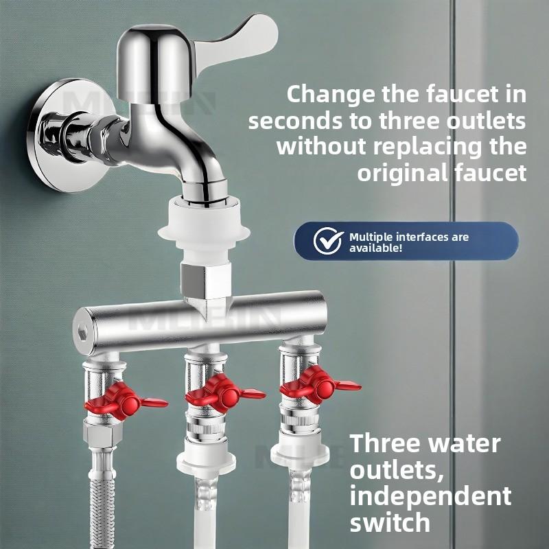 No need to disassemble the original faucet. Washing machine faucet splitter, one inlet three outlets with switch, 6-point quick-install buckle water diverter valve