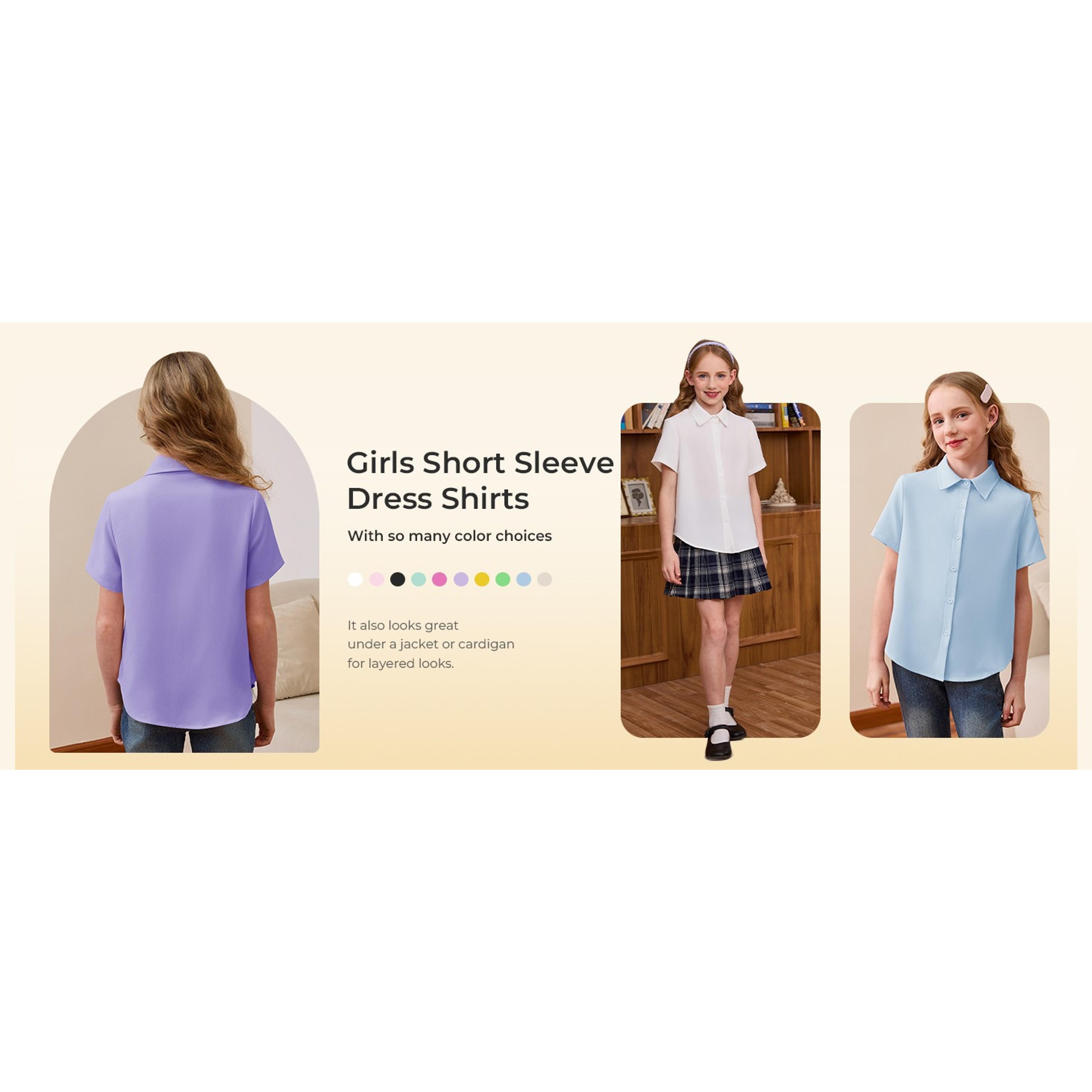 Girls Button Down Short Sleeve Dress Shirts for 5-14 Years(Gift)
