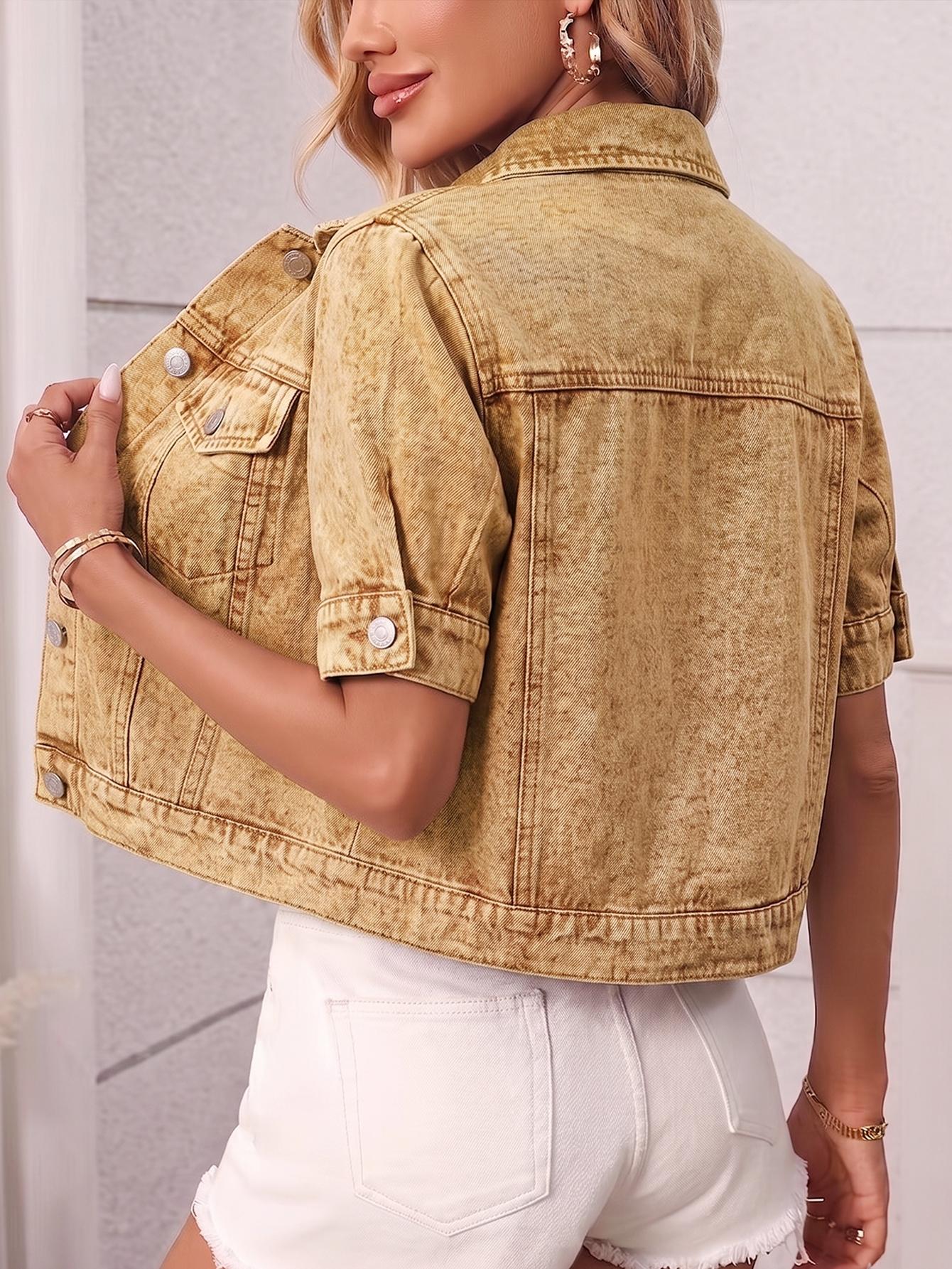 Women's Classic Short Sleeve Denim Jacket, Casual Single Button Short Denim Collar Top, Summer Outerwear, Loose-Fitting Women's Classic Short Sleeve Denim Jacket, Casual Single Button Short Denim Collar Top, Summer Outerwear, Loose-Fitting