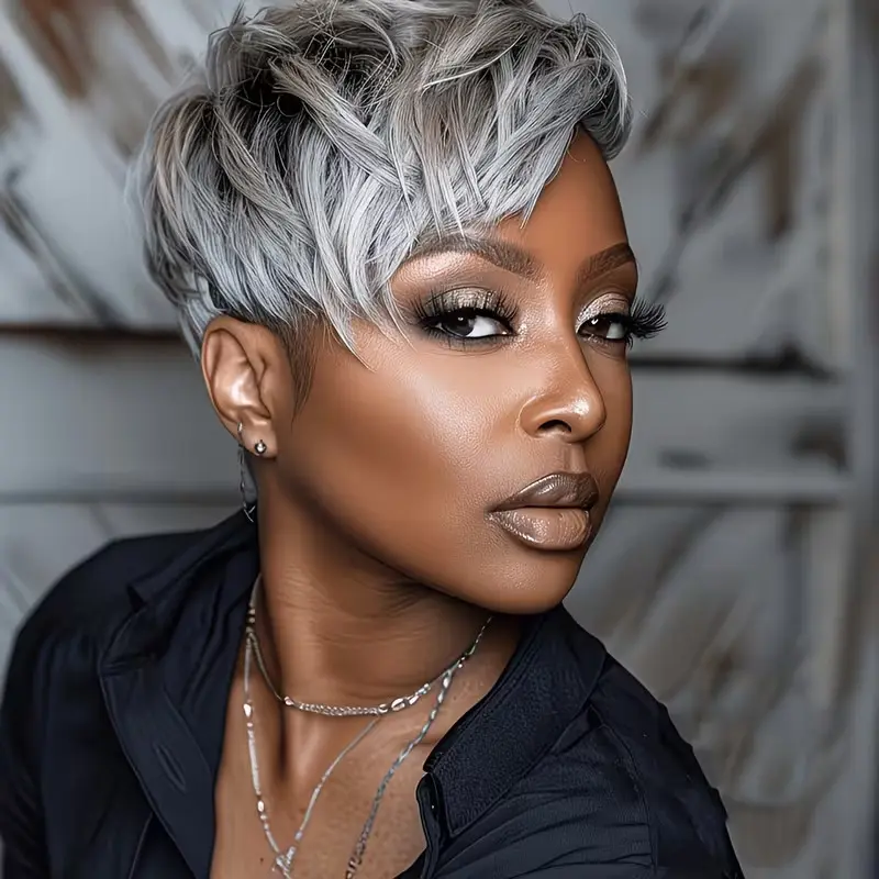 Unisex Synthetic Full Machine Wig - Silver Gray Gradient, Layered Ultra-Short, with Side Bangs and Textured Finish