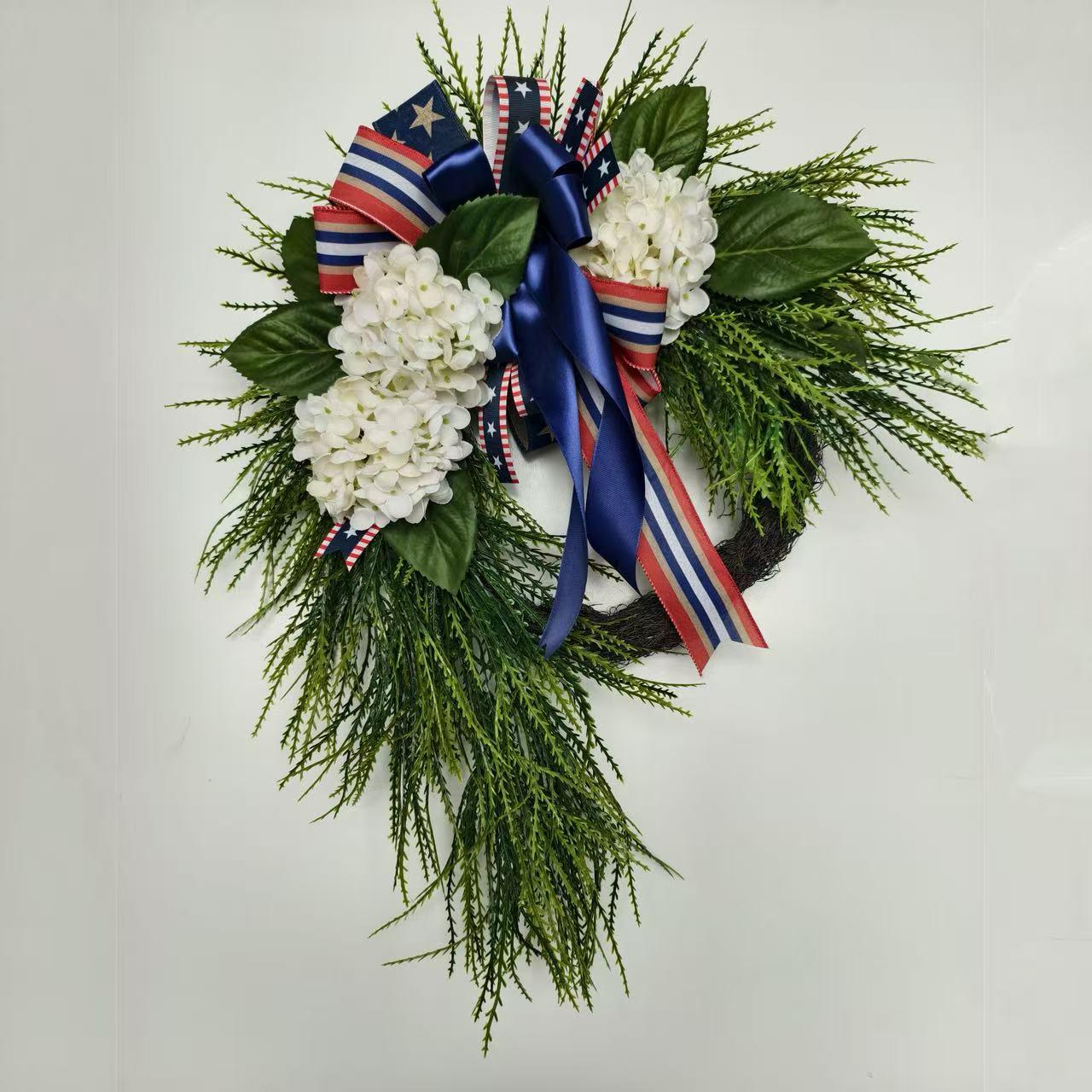 Independence Day Wreath Front Door Decoration, American Flag Bow Hydrangea Patriotic Wreath, Memorial Day Outdoor Porch Home Wall Decor