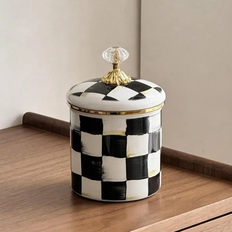 Classic Fashion Plaid Enamel Storage Jar with Elegant Crystal Lid, Ideal for Organization, Modern Home Decor, Soccer Theme, Retro Aesthetic
