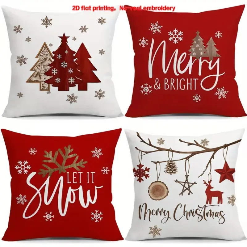 2D Flat Printing, 4pcs, Christmas Throw Pillows Featuring Red Pine Trees, White Snowflakes, Red Reindeer, Festive Decorations, Made of Polyester, Decorating Living Room Chairs And Sofas, 2D Flat Without Insert, Single-sided
