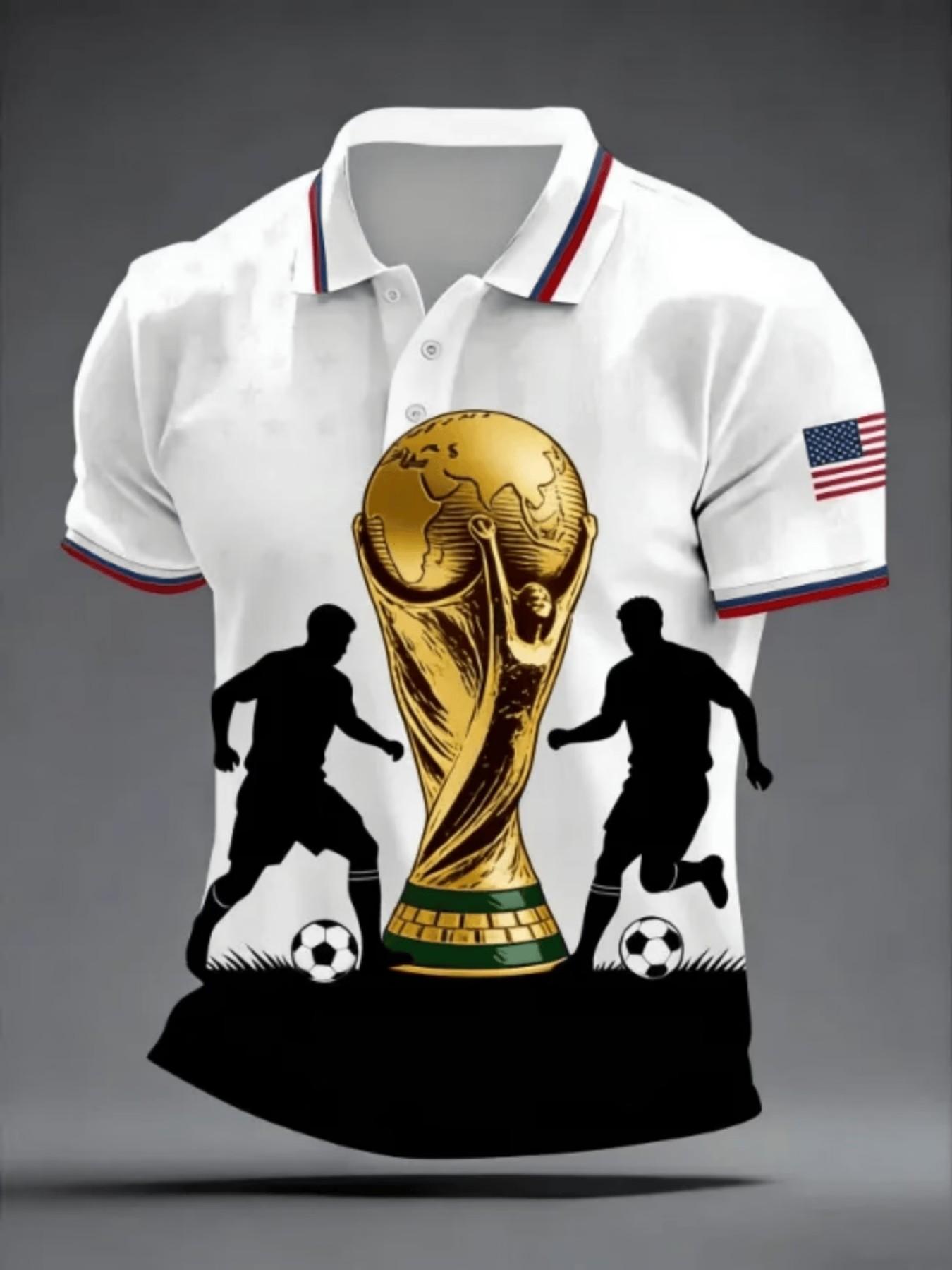 Men's Short Sleeve Polo Shirt, 2026 Football Polo, Collared Short Sleeve, Soccer Player Silhouette, American Flag Fan Sport T-Shirt
