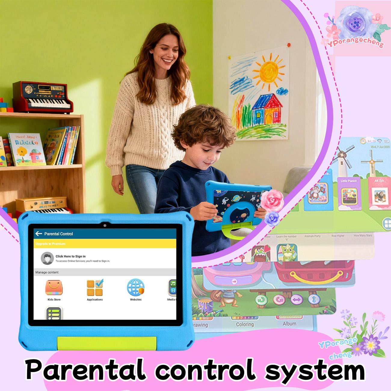 10.1-inch Touchscreen Android tablet, equipped with IWAWA education software, multiple smart applications, for home use, detachable case, portable and drop resistant, Christmas and Halloween gift, accompanying growth, no adapter, blue/pink/green