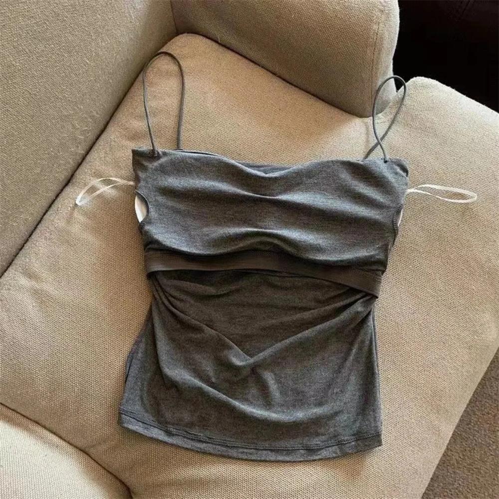 Women's Sexy Corset Crop Top - Thin Strap Ease, Bold Crop Top Look, Short Length, Pleated Detail, Solid Color, Built-In Bra, Soft Support, Sleeveless, Body-Hugging Sun Protective Sports & Outdoor Vest