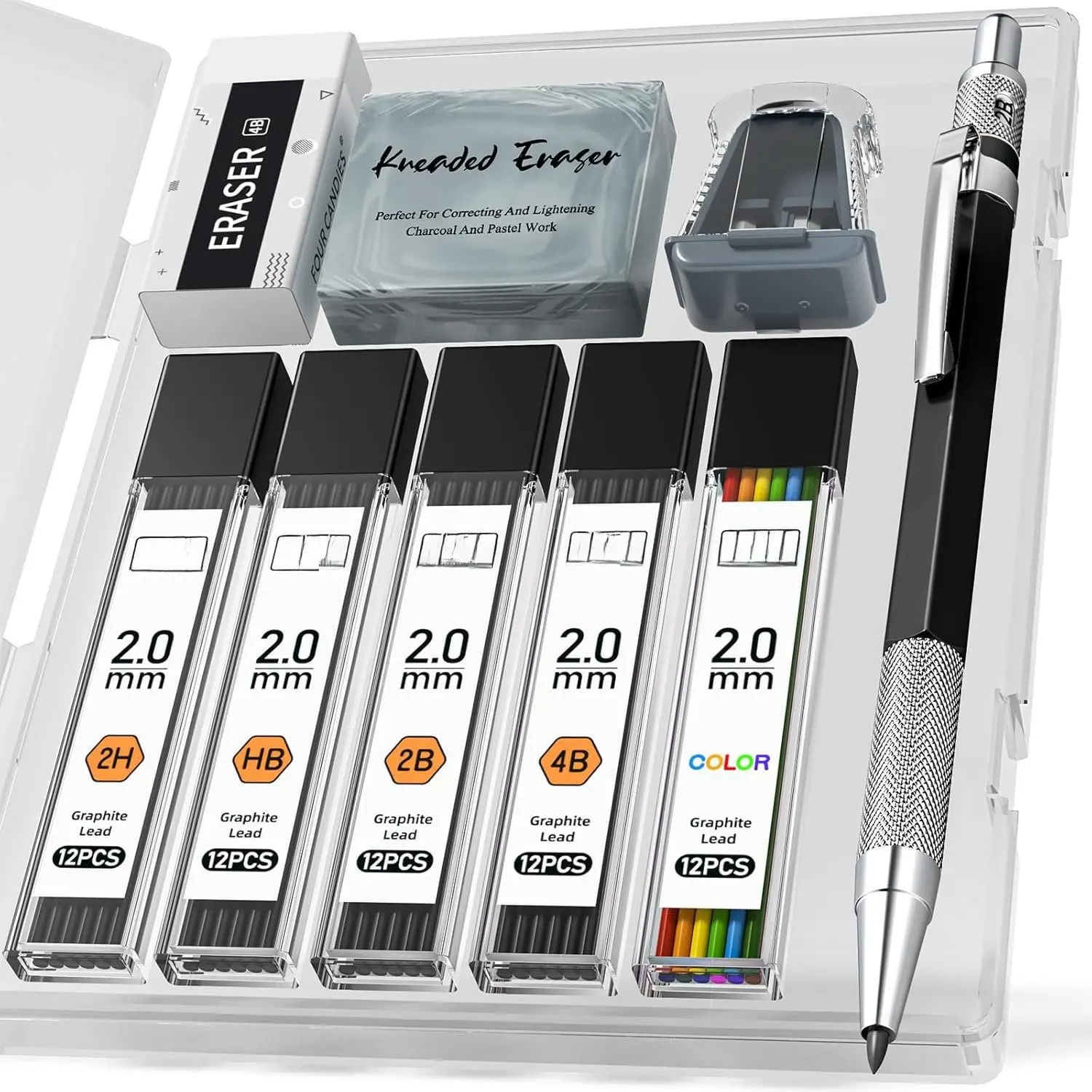 2MM Mechanical Pencil Set with Case, Metal, 60 Lead Refills | HB 2H 2B 4B Color graphite, with eraser, sharpener, leather case, for school writing, sketching, art drawing & drafting