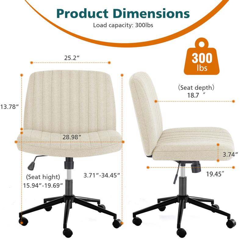 Armless Wide Swivel Office Chair with Cross Leg Seating, Adjustable Fabric Vanity Chair with Wheels and Fixed Base, Padded Seat, Grey