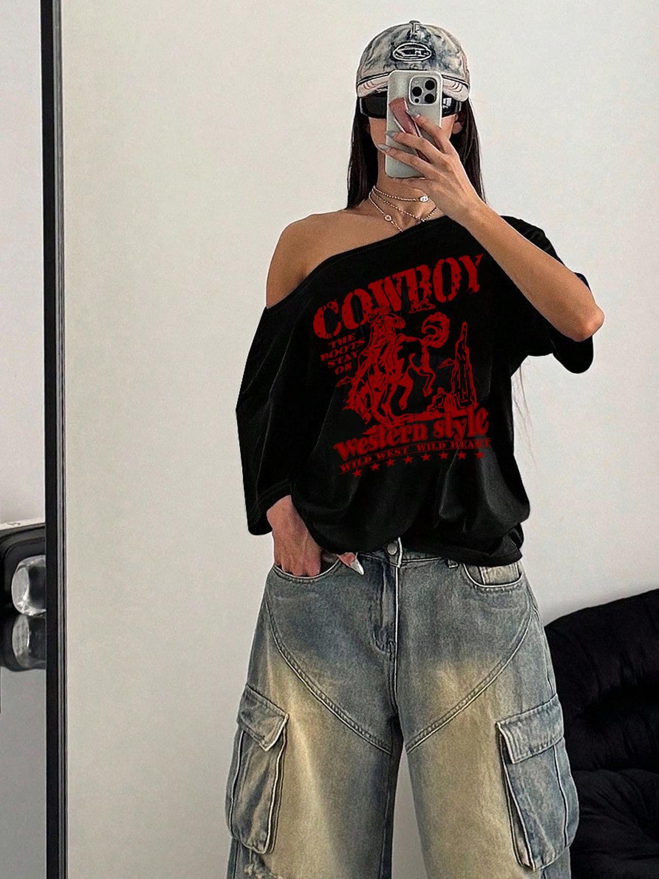 Women's Y2K Off-shoulder T-shirt, Retro Denim Print Drop-shoulder