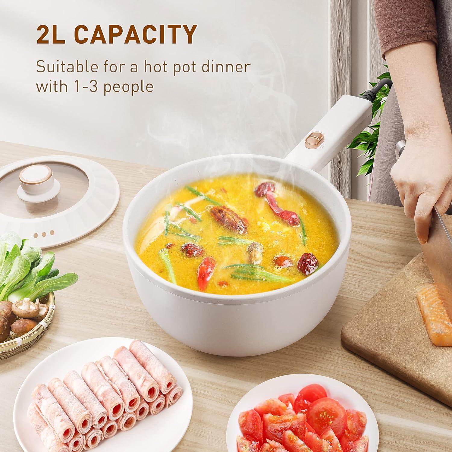 Hot Pot Electric, 2L Multifunctional Portable Cooking Pot, 1000W Rapid Noodles Electric, Non-Stick Frying Pans for Steak, Egg, Ramen, Oatmeal With Dual Power Adjustment