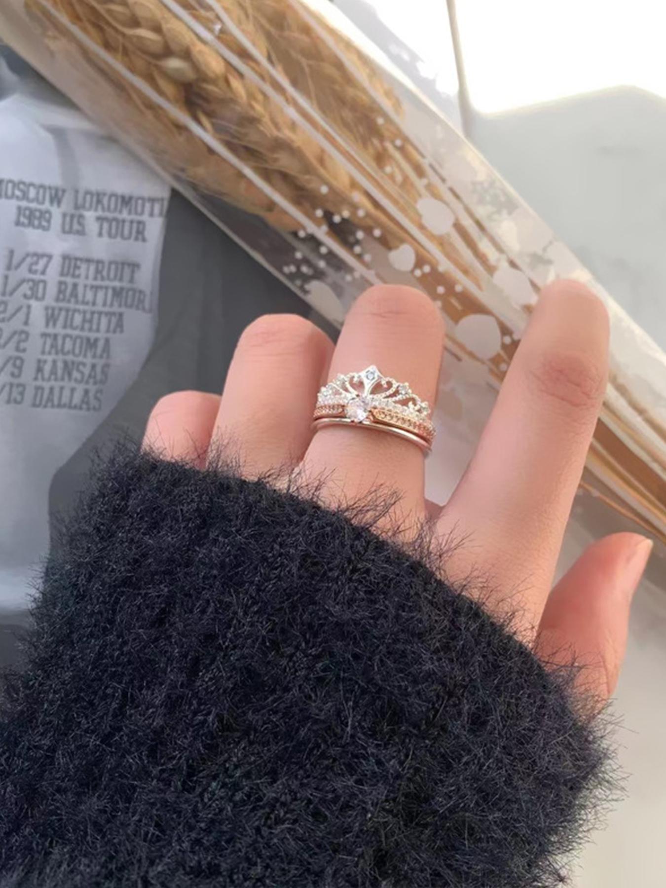 Fireworks Castle Ring Princess Sparkling Crown Ring Stackable Double-Layer Two-in-One Adjustable Rose Gold Versatile, Engagement/Wedding Ring, Exquisite Jewelry Gift, for Wife, Girlfriend, Family, Delicate Christmas, Valentine's Day, Anniversary Gift