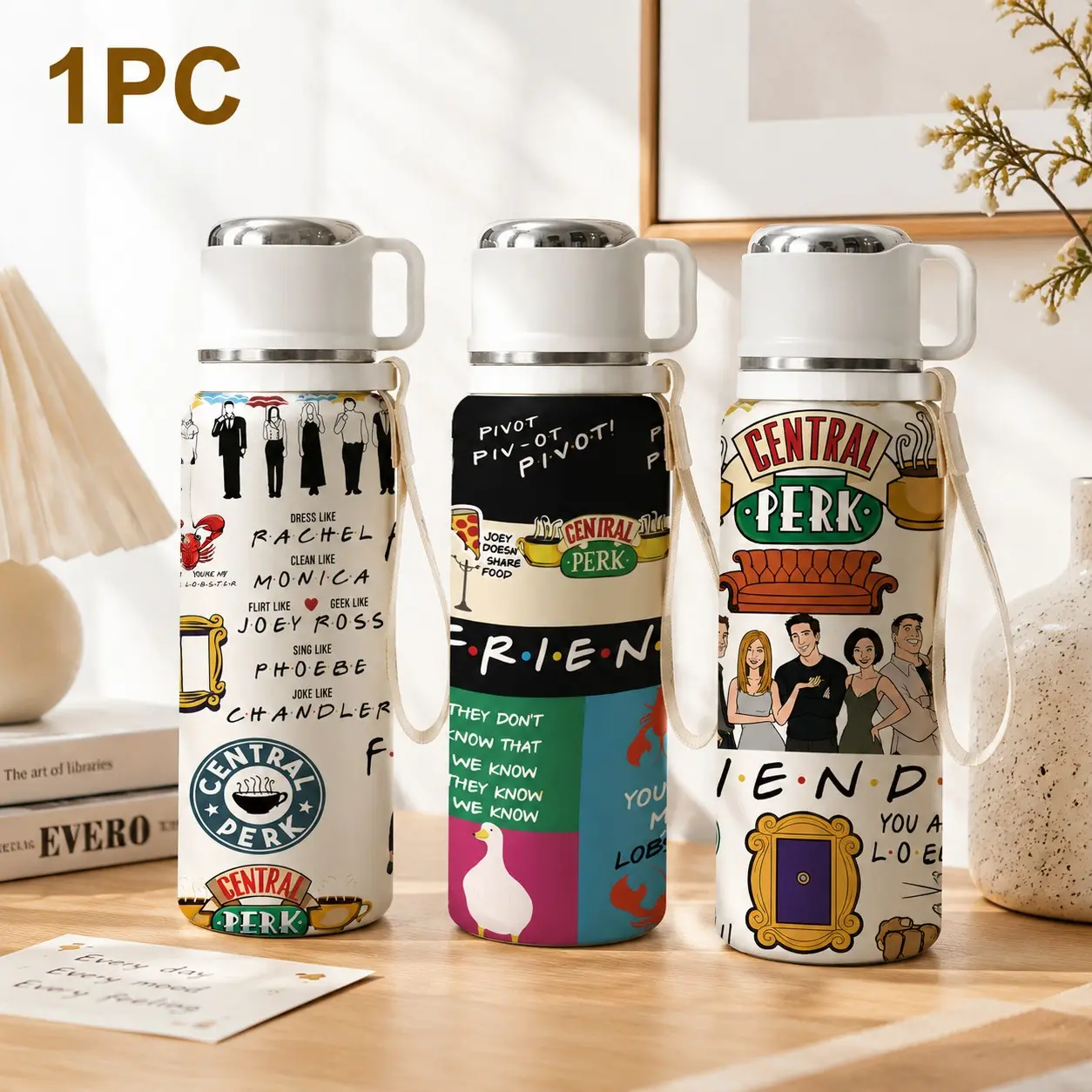 1PC 20oz Friends Inspired Insulated Water Bottle, Stainless Steel Vacuum Tumbler with Leak Proof Lid, Double Wall Thermal Coffee Cup, Keeps Drinks Cold & Hot, Cute Cartoon Print Drinkware for Office, School, Gym, Daily Use & Gift for Friends Family