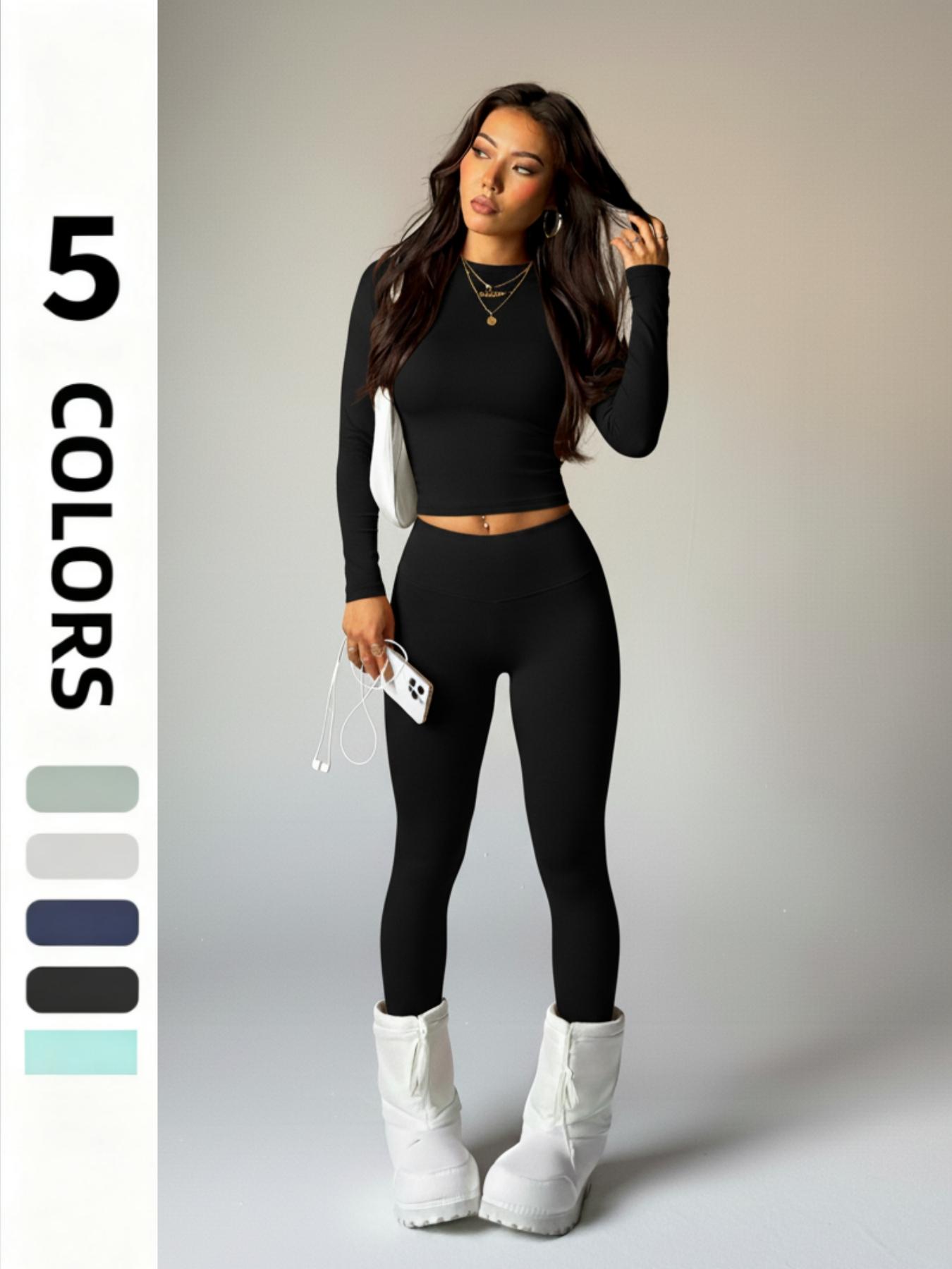 Women's Sporty Two-Piece Set, Round Neck Long Sleeve Top & High Waist Tight-Fit Pants, Breathable Comfortable Yoga Gym Wear, Breathable Activewear, Athleisure Wear Set, Athletic Style Activewear