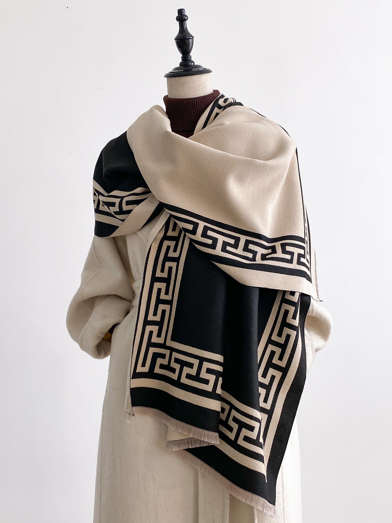 Geometric Print Textured Blanket Scarf with Fringe Trim, Soft Warm Shawl for Fall & Winter, Fashion Accessory for Women & Girls