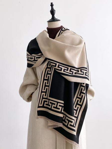 Geometric Print Textured Blanket Scarf with Fringe Trim, Soft Warm Shawl for Fall & Winter, Fashion Accessory for Women & Girls