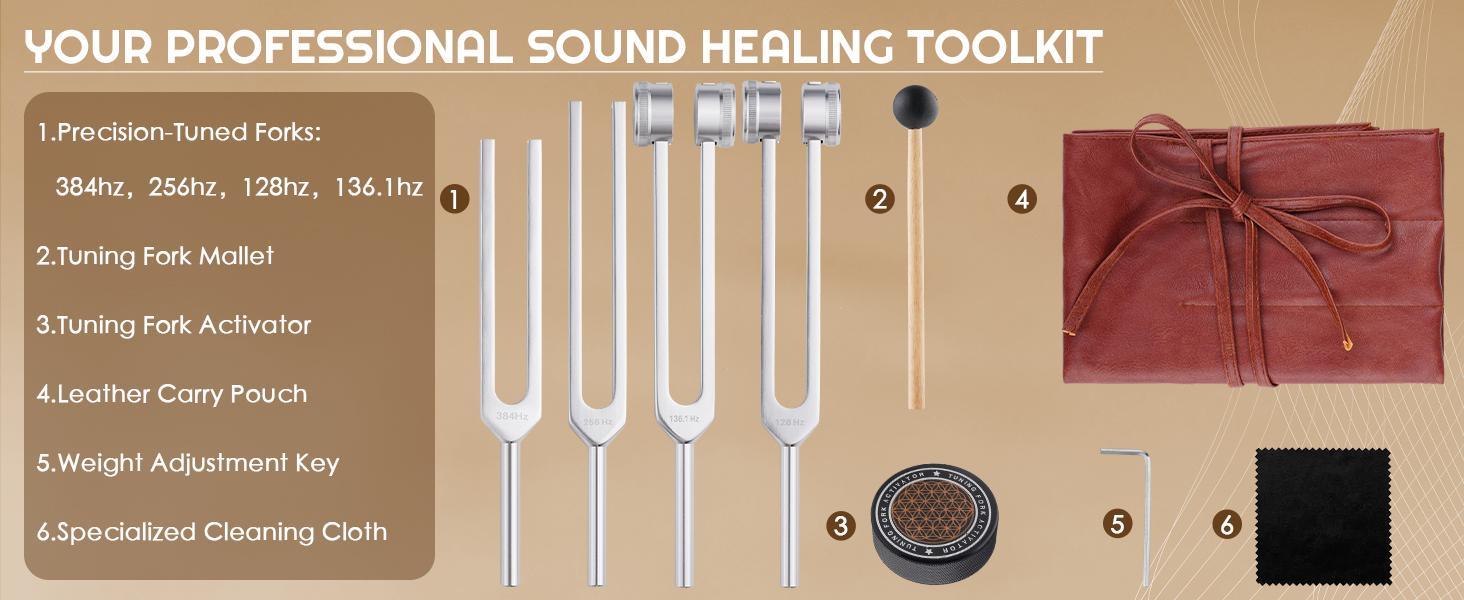 Tuning Forks for Healing Set-128Hz, 136.1Hz, 256Hz, 384Hz Weighted & Unweighted with Activator & Pouch-Complete Sound Therapy Kit for Chakra Balancing, Yoga, Meditation, Stress Relief & Energy Healing 01