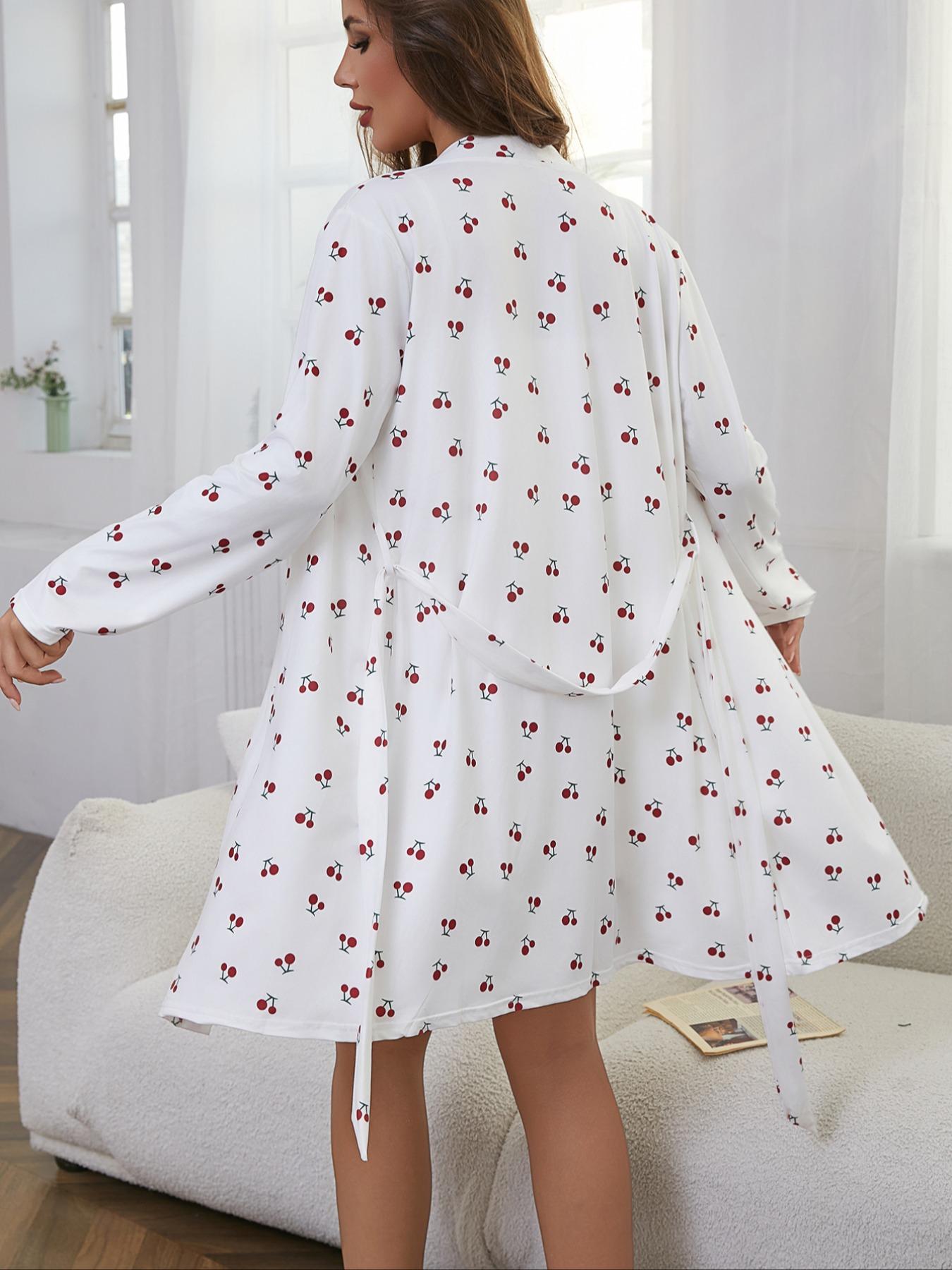Women's Cherry Print Sleeprobe + Lace Tank Dress 2-Piece Set, Elegant Comfortable Pajamas, Casual Homewear, All Seasons