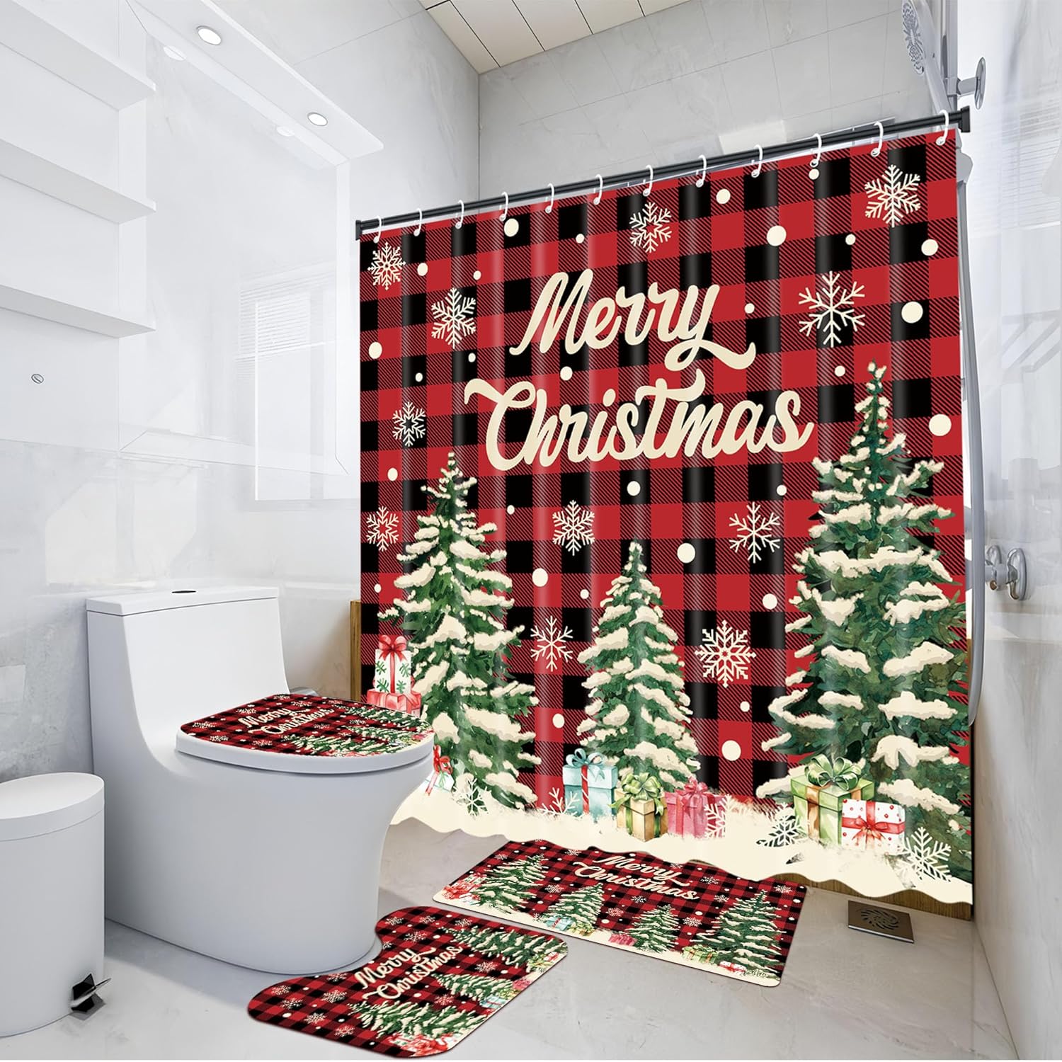 4 Pcs Christmas Shower Curtain Set Red Buffalo Plaid Bathroom Sets with Non-Slip Rugs Toilet Lid Cover Bath Mat with 12 Hooks Christmas Tree Shower Curtain for Xmas Winter Holiday Bathroom Home Decor